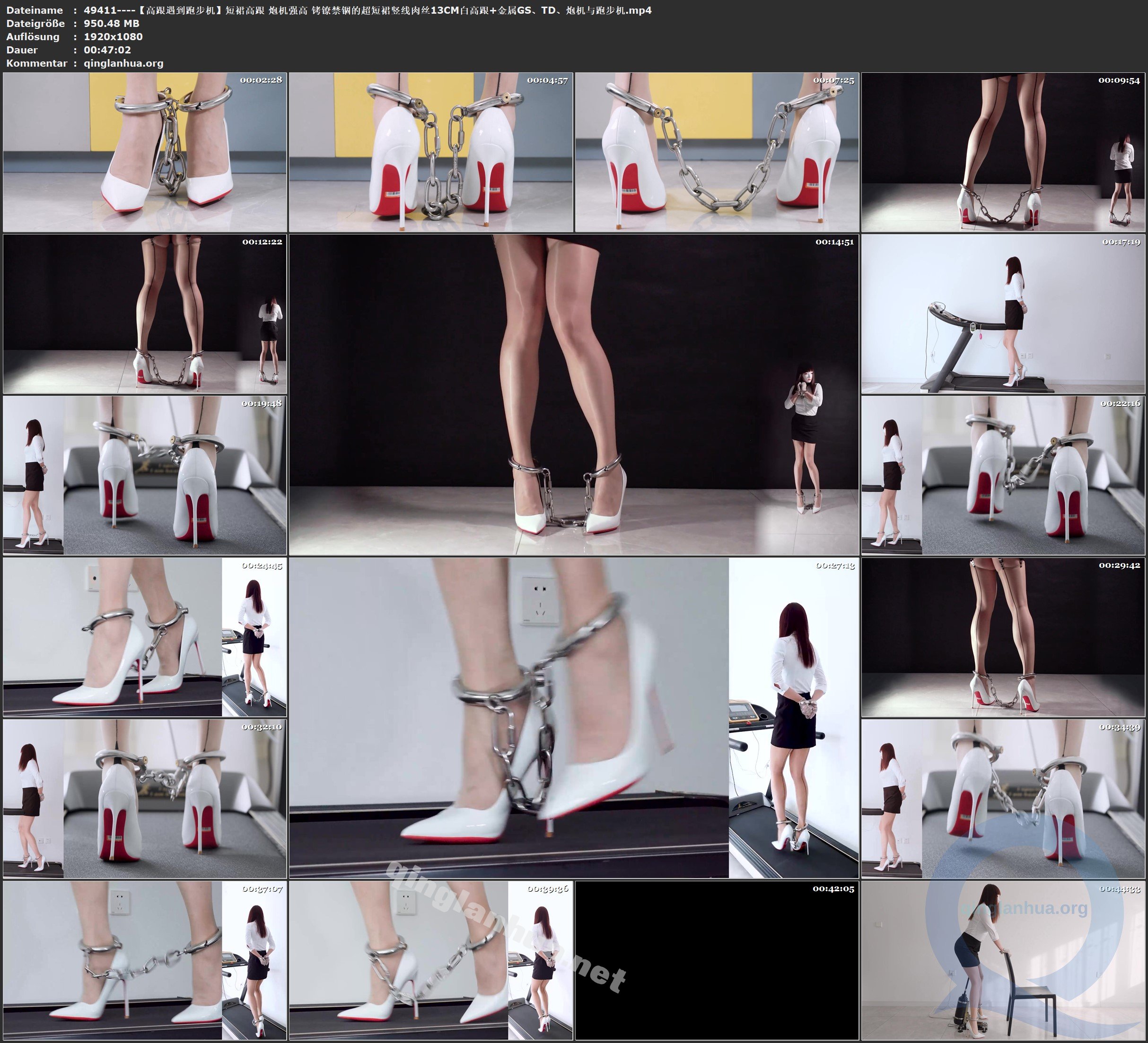 49411----【高跟遇到跑步机】短裙高跟 炮机强高 铐镣禁锢的超短裙竖线肉丝13CM白高跟 .jpg