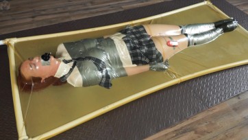 【zentai】Schoolgirl bondage with duct tape and mini vibro in latex bed